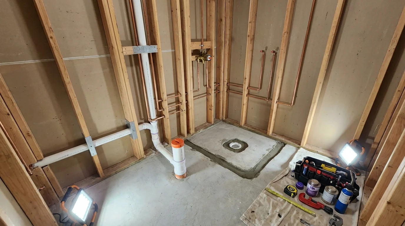 Bathroom rough-in plumbing during remodel by Johns Plumbing LLC in Pocomoke City