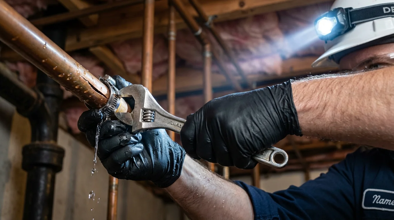 Emergency pipe clamp repair being performed by a Johns Plumbing LLC plumber in Pocomoke City