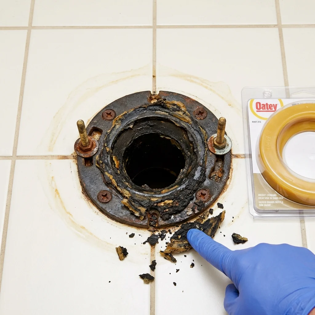 Failed wax ring showing water seepage at the base of a toilet in a Pocomoke City, MD home