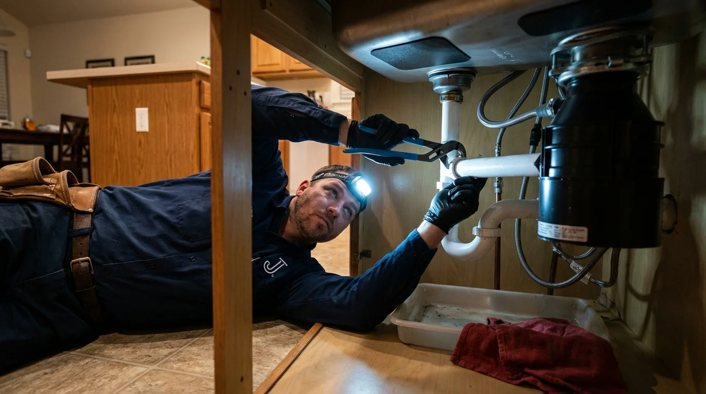 P-trap and supply line connections under a kitchen sink showing a common leak point in Pocomoke City, MD